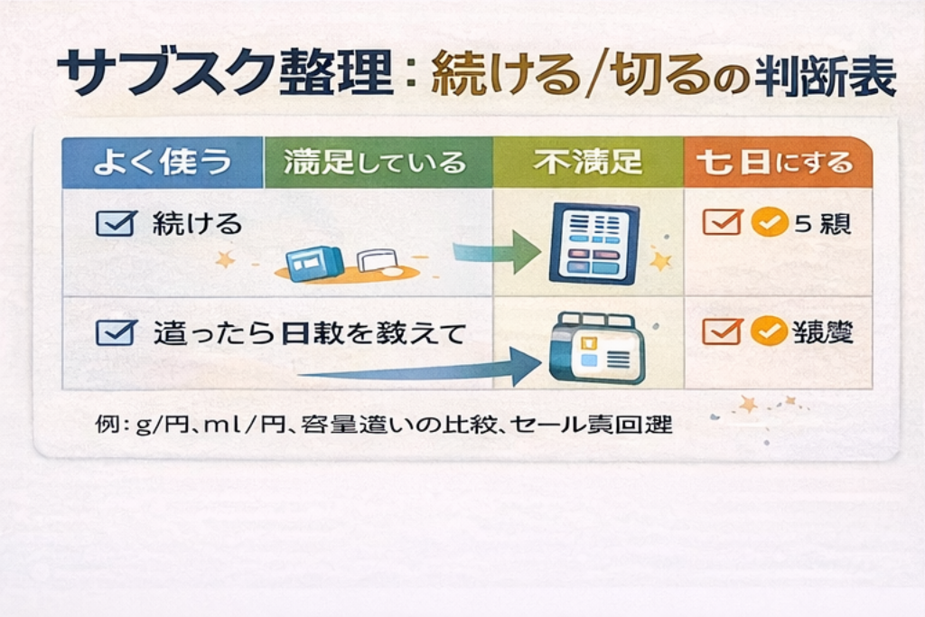 サブスク整理：続ける/切るの判断表（比較）