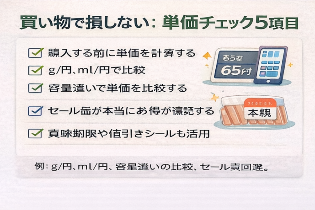 買い物で損しない：単価チェック5項目（チェックリスト）