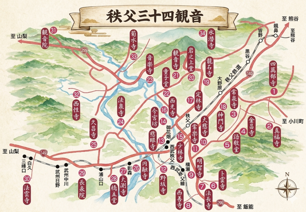 秩父札所34ヶ所 ルート概略（模式図）