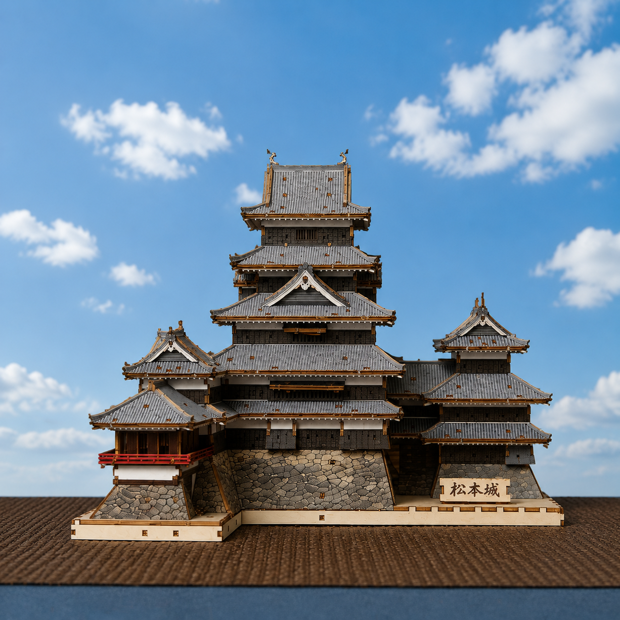 木製立体パズル松本城を青空背景で正面から見せたAI画像